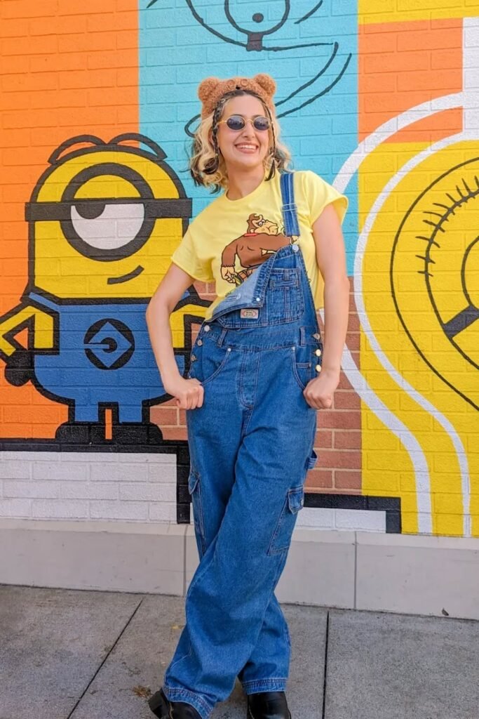 Yellow Graphic T-Shirt + Denim Cargo Overalls + Black Platform Boots + Brown Bear Ear Headband