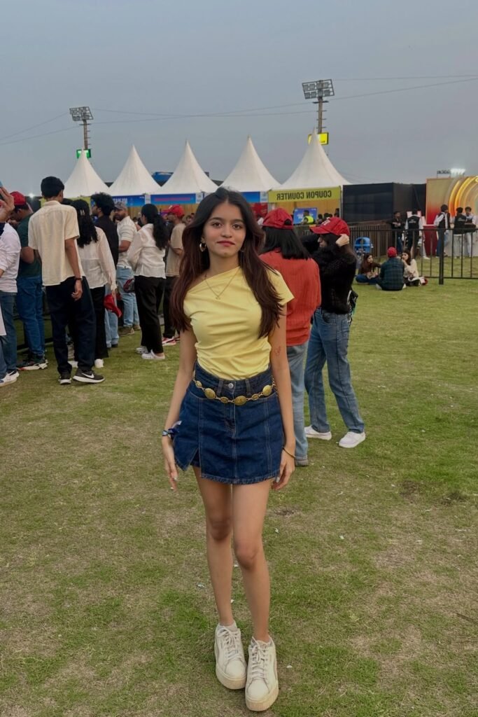 Yellow One-Shoulder Top + Dark Wash Denim Mini Skirt + Gold Coin Belt + Off-White Platform Sneakers