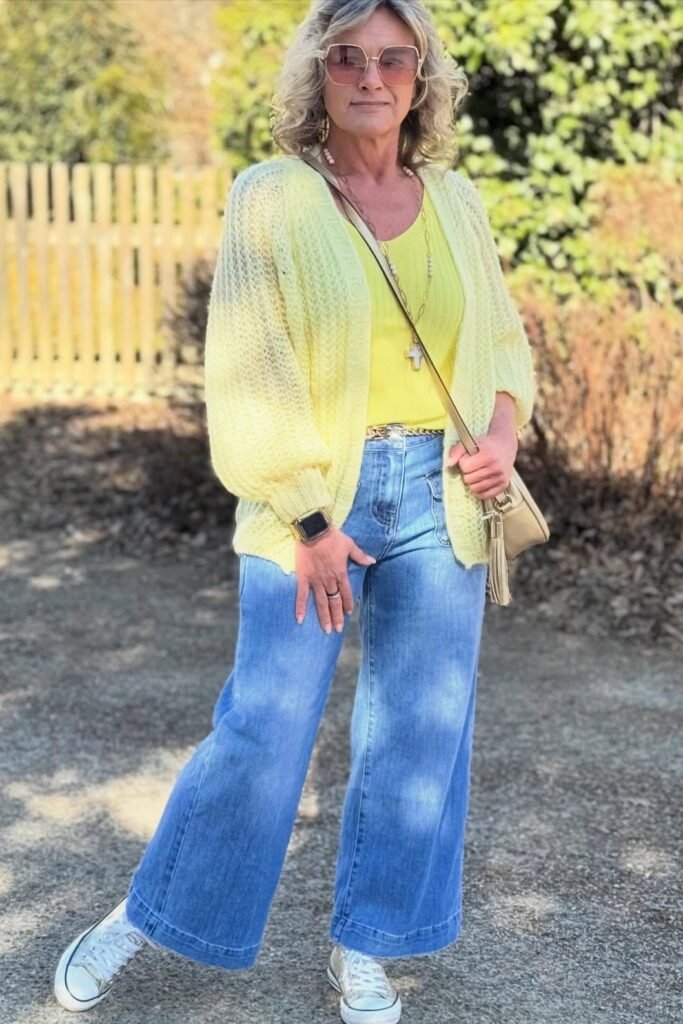 Yellow Open-Knit Cardigan + Light Wash Wide-Leg Jeans + White Sneakers