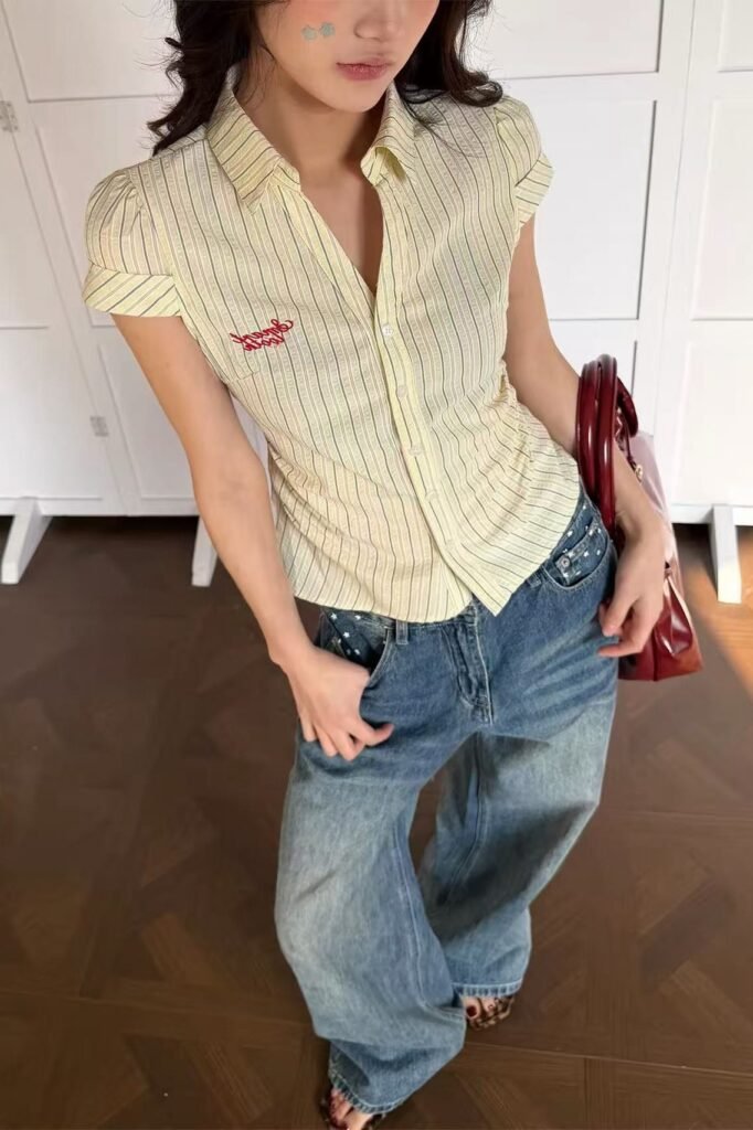 Yellow Striped Fitted Shirt + Wide-Leg Blue Jeans + Red Leather Handbag