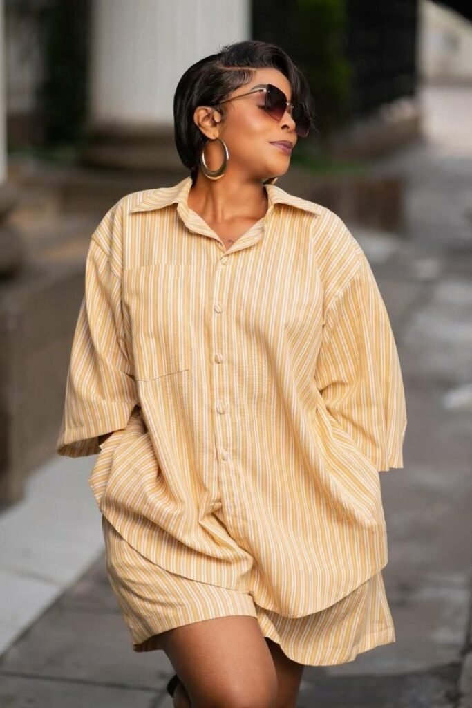 Yellow Striped Oversized Button-Down + Matching Yellow Striped Shorts + Large Gold Hoop Earrings