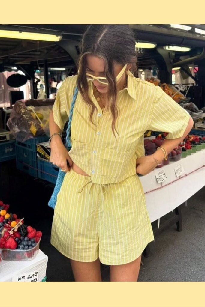 Yellow Striped Short-Sleeve Shirt + Matching Striped Drawstring Shorts + Blue Braided Bag