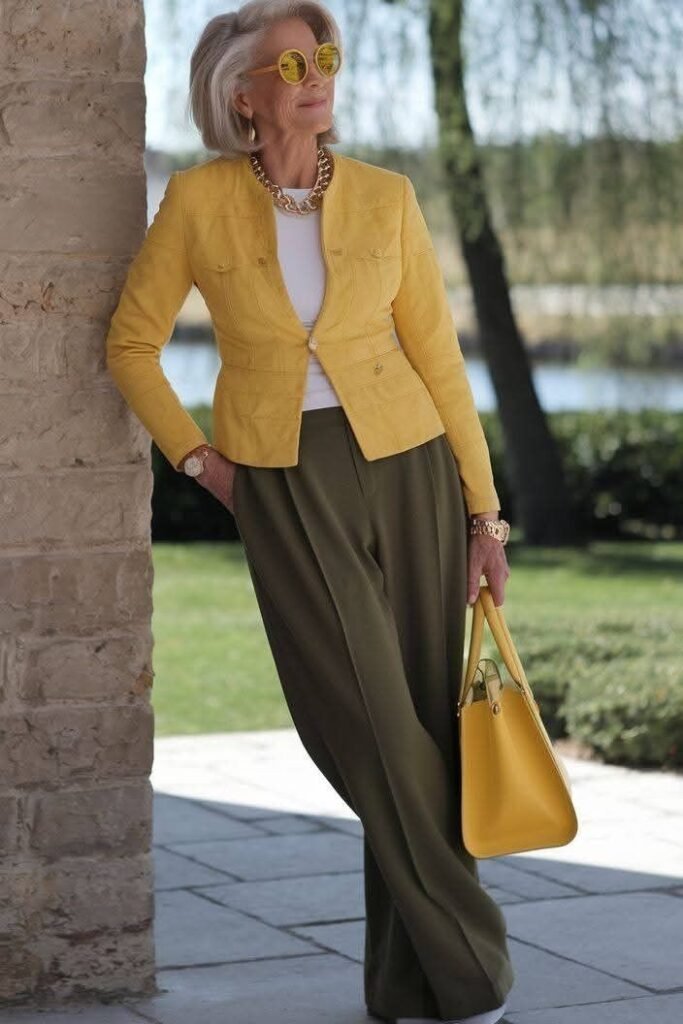 Yellow Structured Blazer + Olive Green Wide-Leg Trousers + Yellow Leather Tote