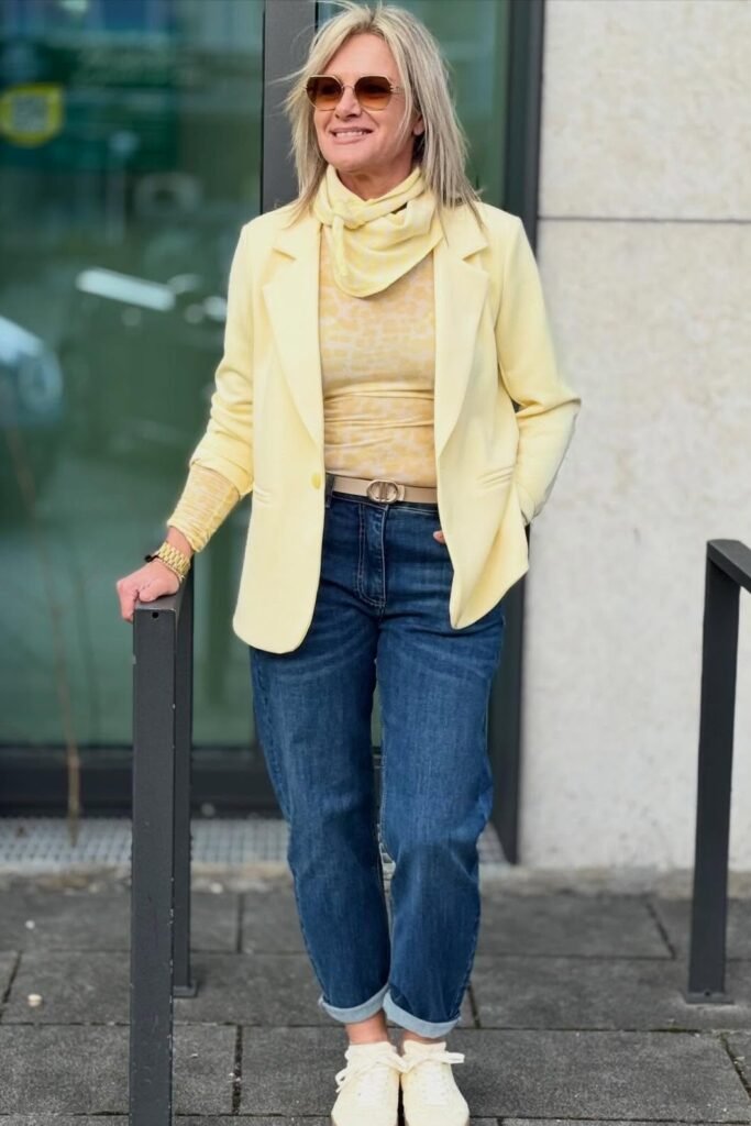 Yellow Tailored Blazer + Leopard Print Top + Dark Wash Cuffed Jeans + Yellow Sneakers
