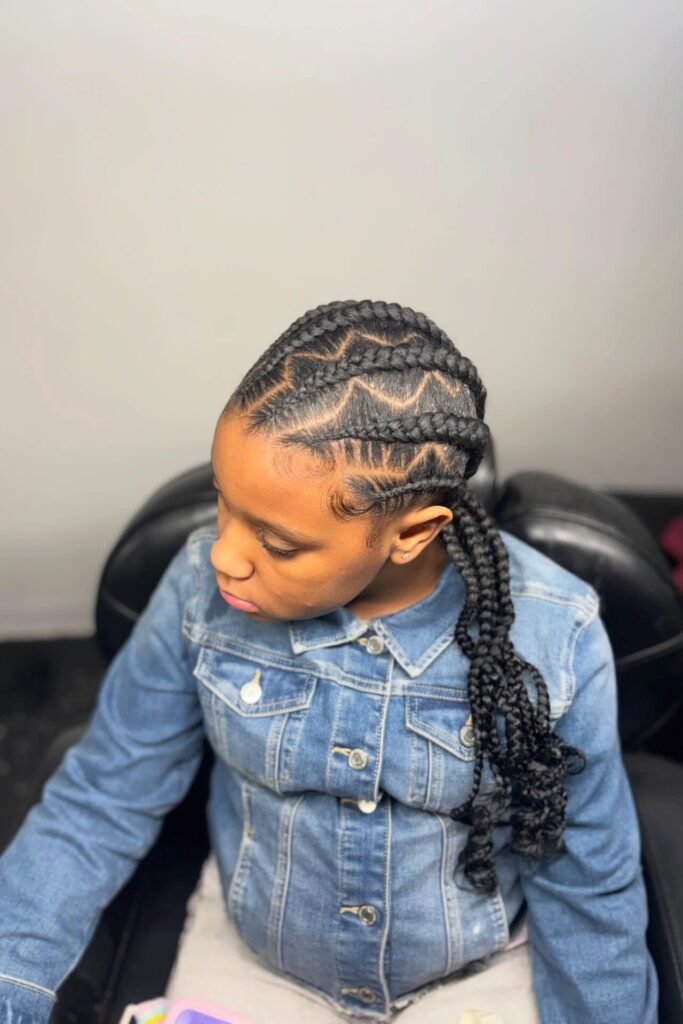 Youthful Stitch Braids with Geometric Crown Parting