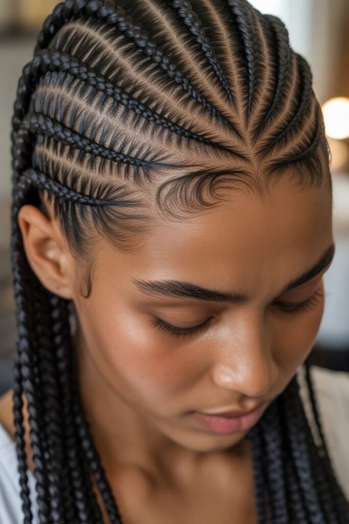 Zig-Zag Parted Cornrows with Symmetrical Edge Styling