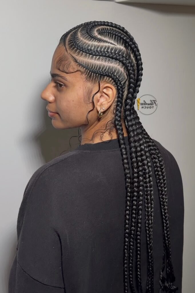 Zig-Zag Patterned Cornrows with Long Braided Ends