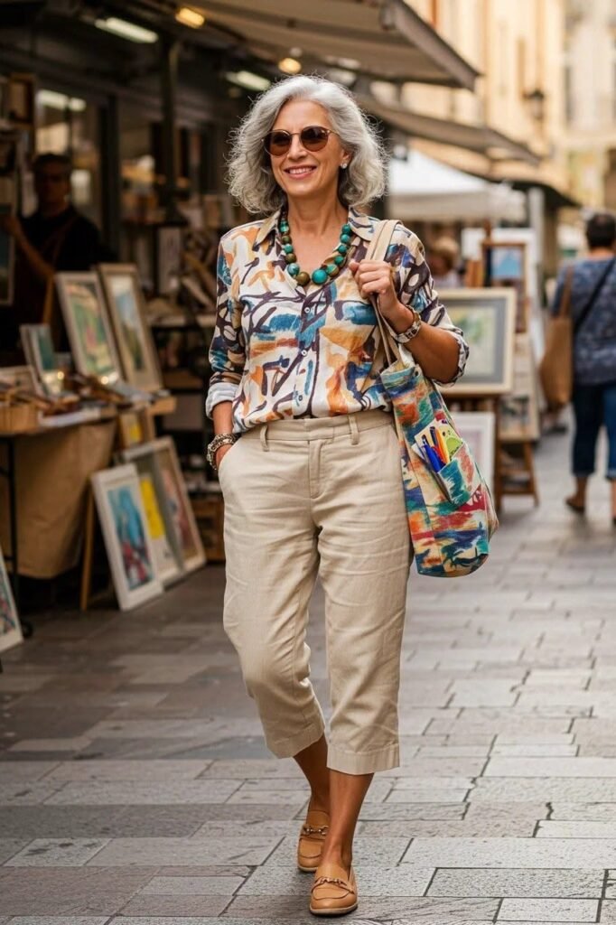 Abstract Colorful Patterned Shirt + Beige Cropped Trousers + Tan Loafers