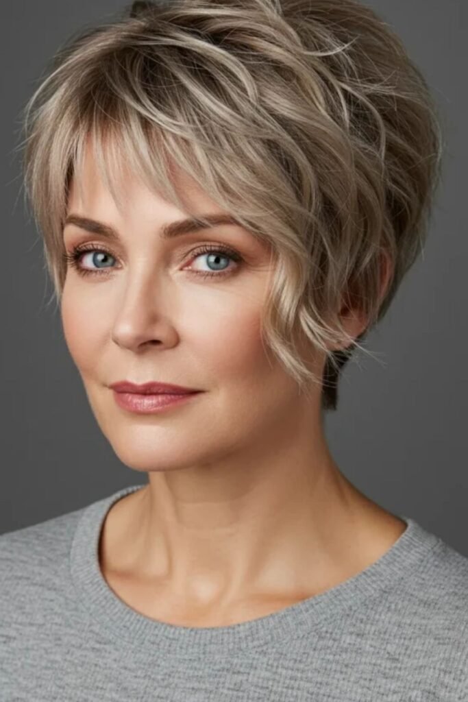 Ash Blonde Layered Pixie Cut with Side-Swept Fringe