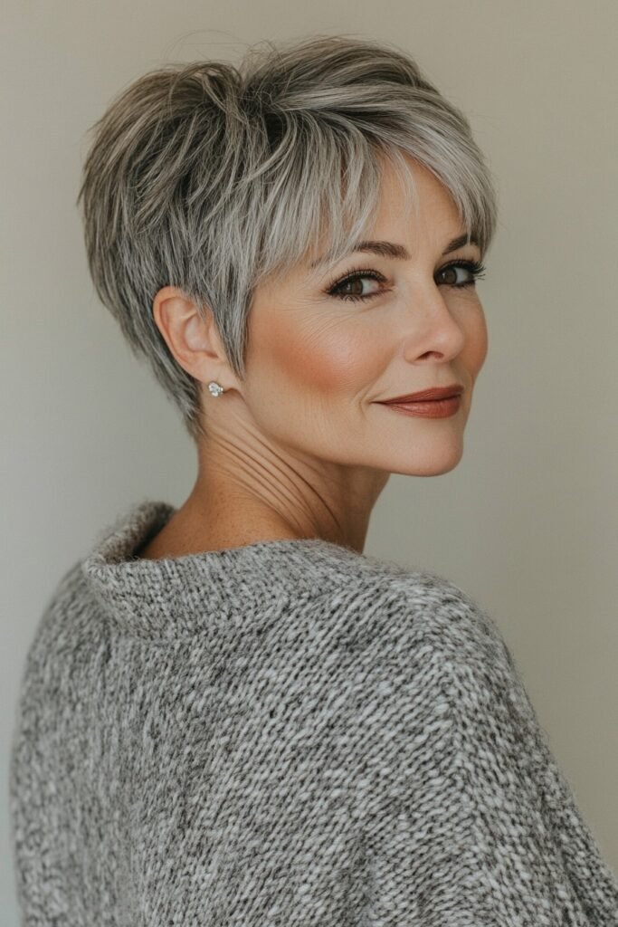 Ash Grey Tapered Pixie with Wispy Bangs