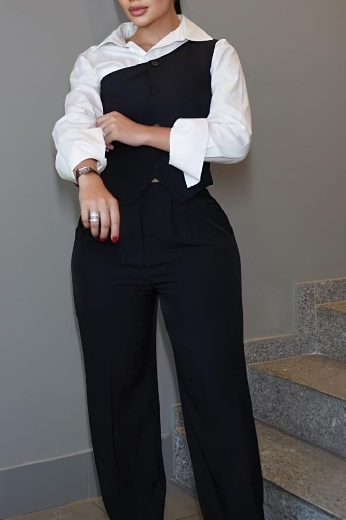Asymmetrical Black Vest + White Button Down Shirt + Black Wide Leg Trousers