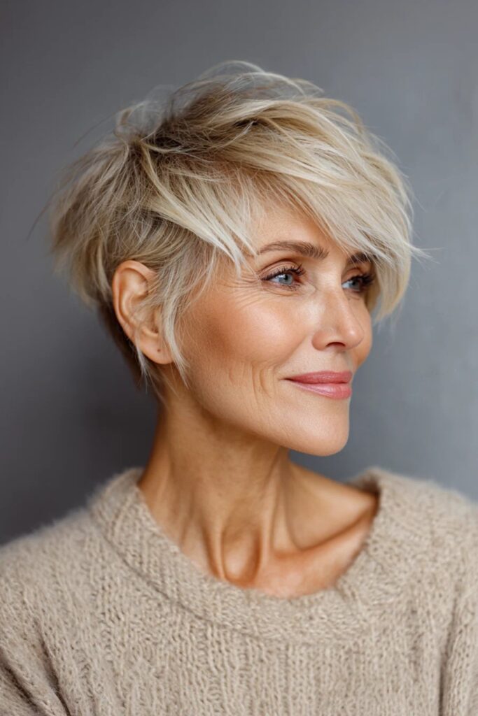 37. Asymmetrical Blonde Pixie with Textured Layering