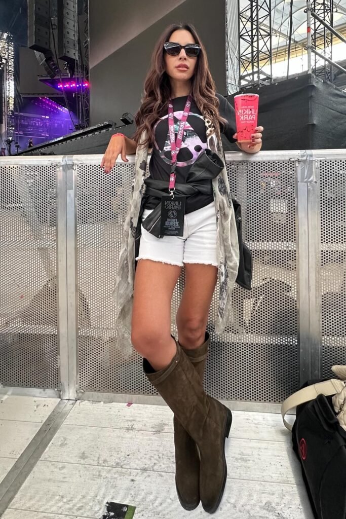 Band T Shirt + White Denim Shorts + Olive Green Suede Boots