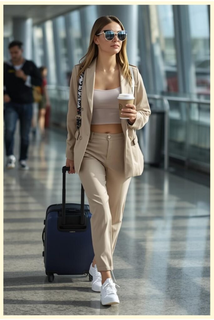 Beige Blazer + Beige Crop Top + Matching Beige Tailored Trousers + White Sneakers