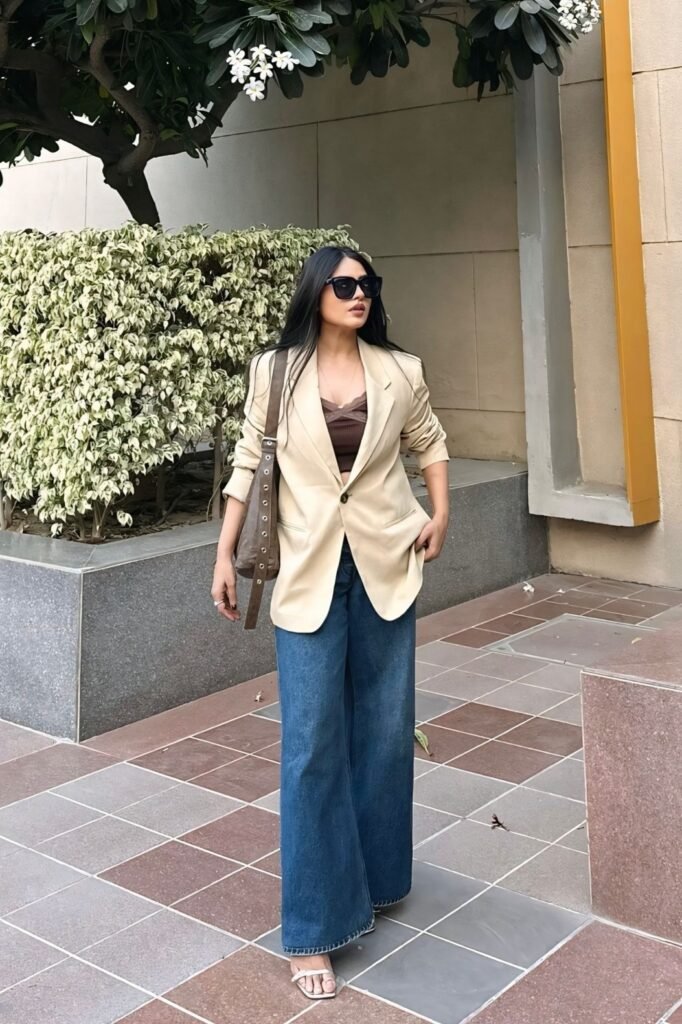 Beige Blazer + Brown Crop Top + Wide Leg Blue Jeans + White Strappy Sandals