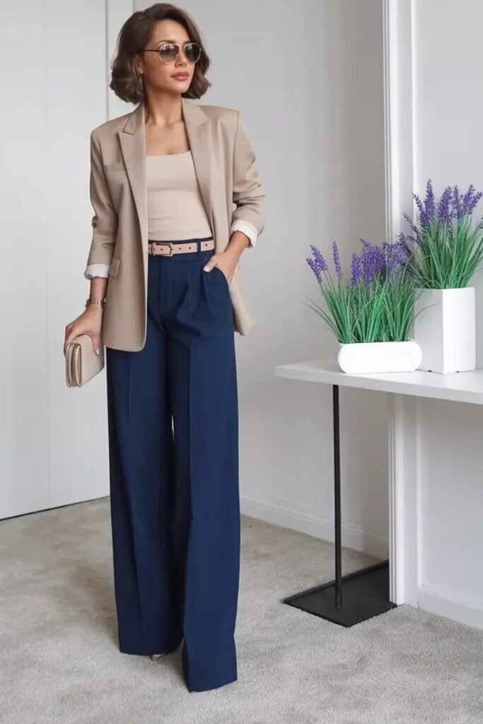 Beige Blazer + Matching Beige Top + Navy Blue Wide Leg Trousers