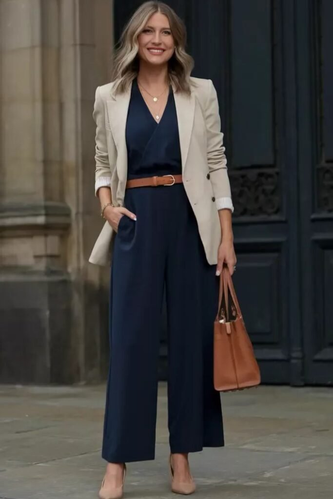 Beige Blazer + Navy Blue Jumpsuit + Brown Belt + Nude Heels
