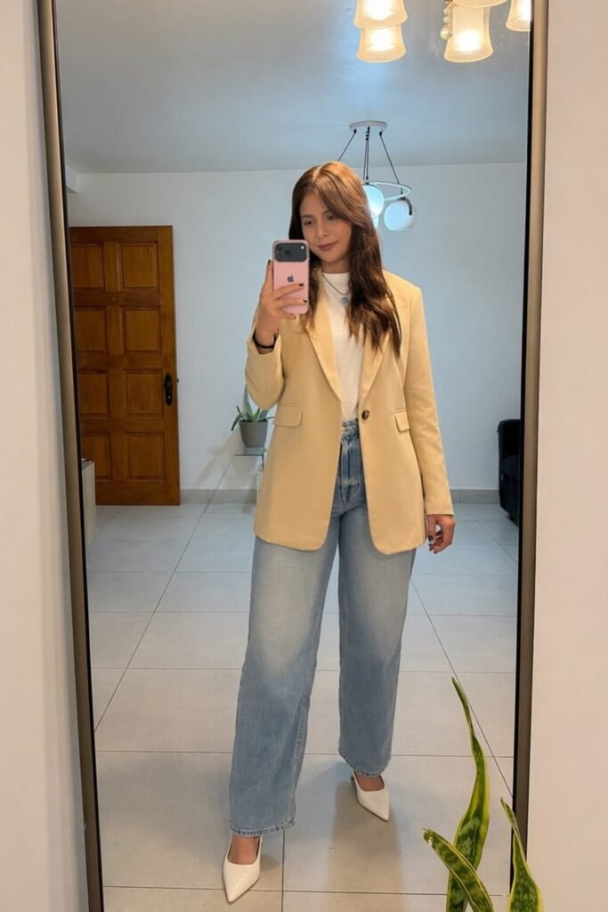 Beige Blazer + White T Shirt + Light Wash Wide Leg Jeans + White Pointed Toe Heels