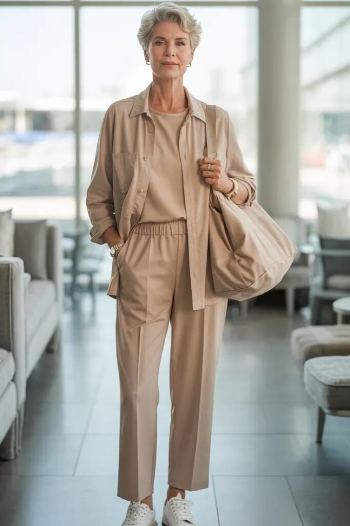 Beige Button Up Overshirt + Beige Crewneck Tee + Beige Trousers + White Sneakers