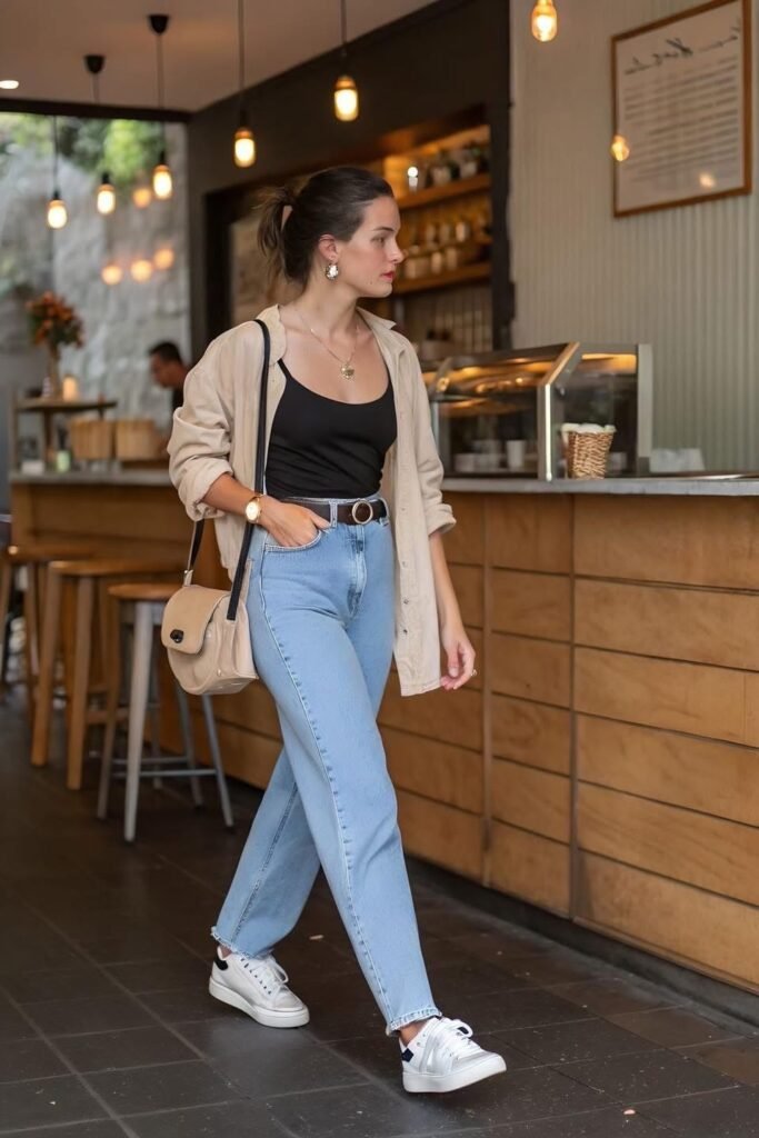 Beige Button Up Shirt + Black Tank Top + Light Blue Straight Leg Jeans + White Sneakers