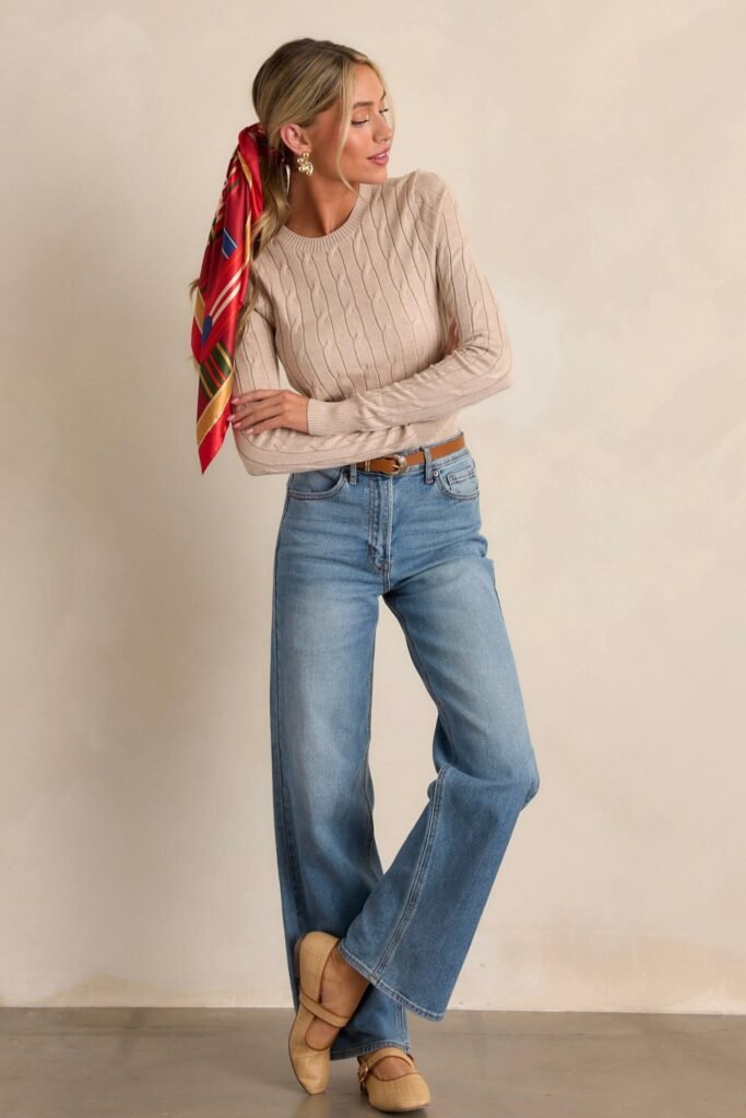 Beige Cable Knit Sweater + Blue Wide Leg Jeans + Tan Mary Jane Flats