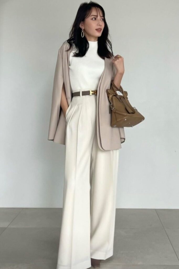 Beige Cape Blazer + White Mock Neck Top + Off White Wide Leg Trousers