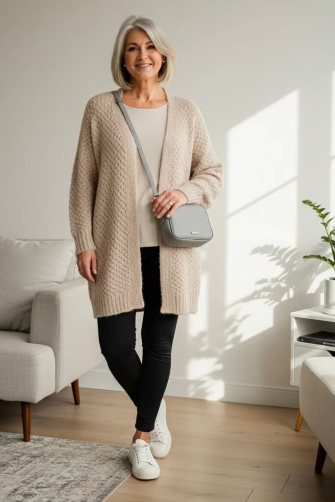 Beige Chunky Knit Cardigan + Cream Tee + Black Skinny Jeans + White Sneakers