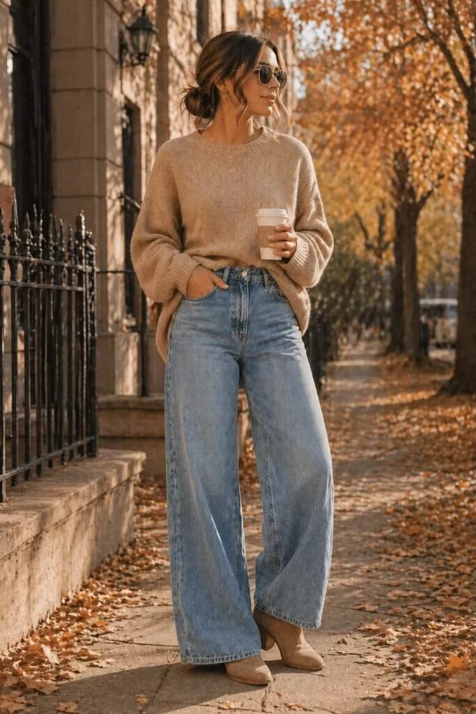 Beige Crewneck Sweater + Light Wash Wide Leg Jeans + Suede Ankle Boots