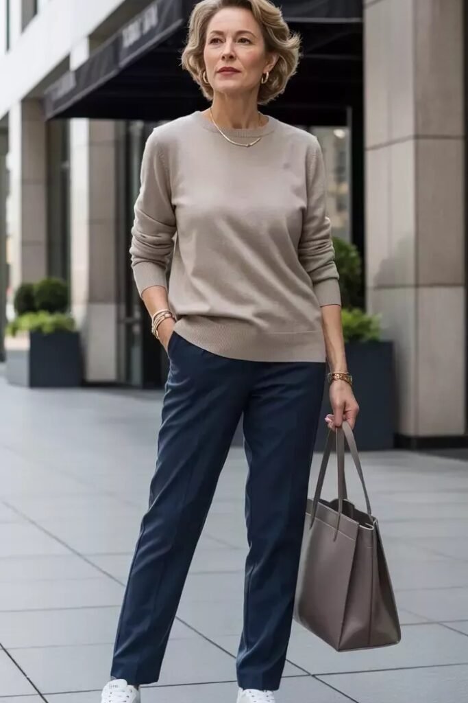 Beige Crewneck Sweater + Navy Tailored Trousers + White Sneakers