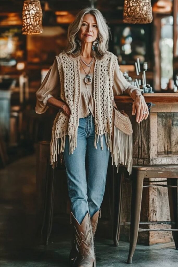 Beige Crochet Vest + Tan Blouse + Light Wash Jeans + Brown Cowboy Boots