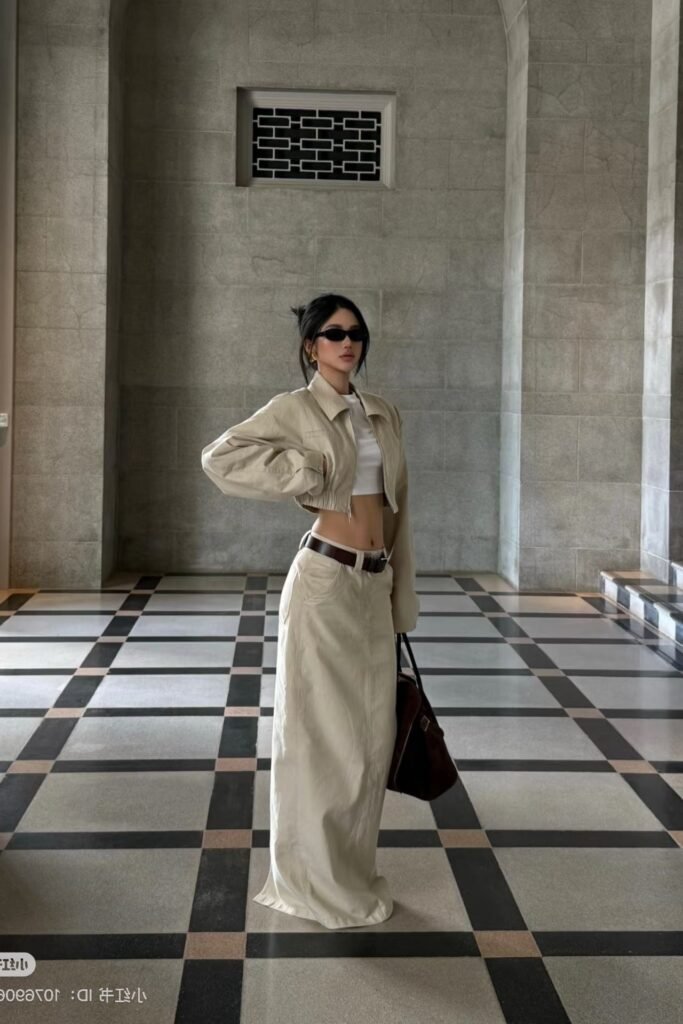 Beige Cropped Utility Jacket + White Crop Top + Beige Low Rise Maxi Skirt