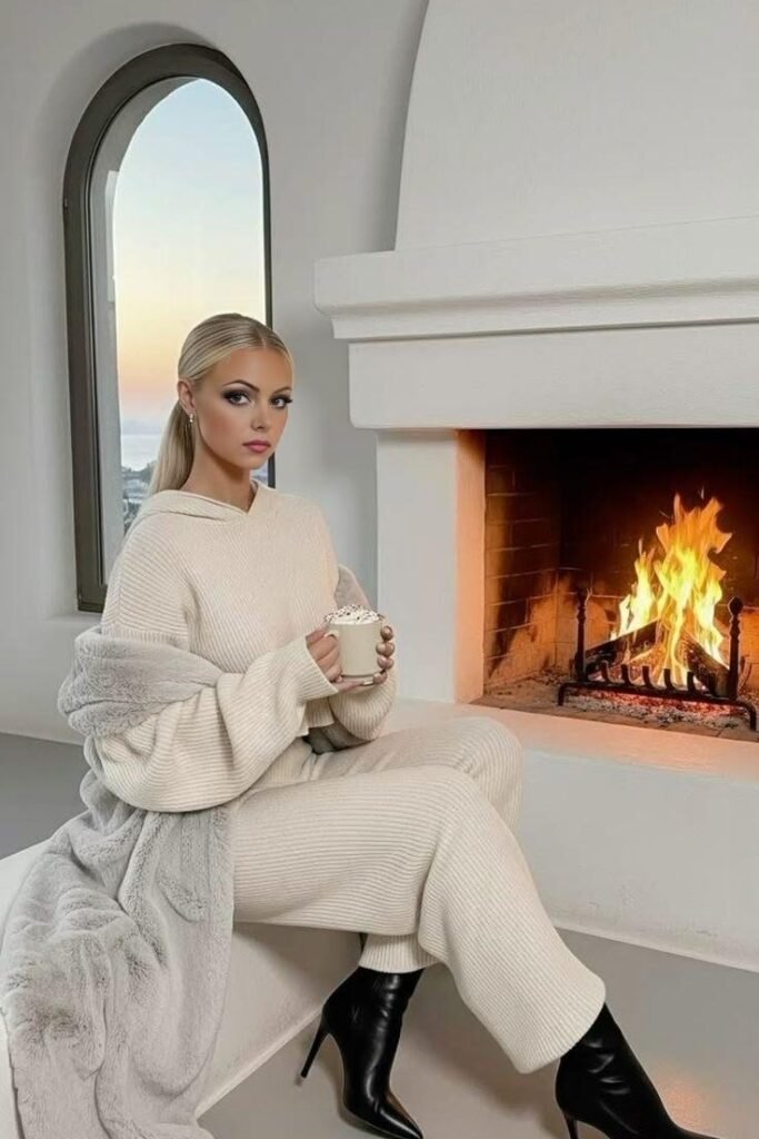 Beige Hooded Knit Sweater + Matching Knit Pants + Black Stiletto Boots