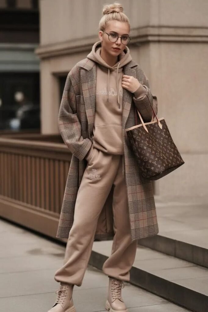 Beige Hoodie + Matching Sweatpants + Plaid Trench Coat + LV Tote Bag + Beige Lace Up Boots
