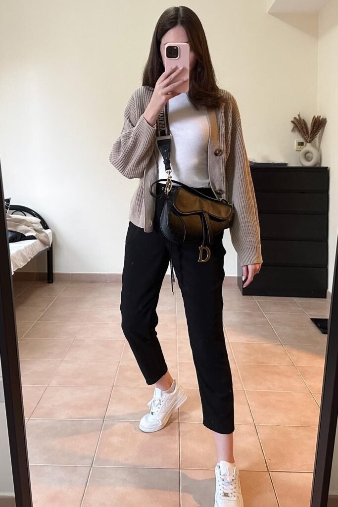 Beige Knit Cardigan + White T Shirt + Black Cropped Pants + White Sneakers