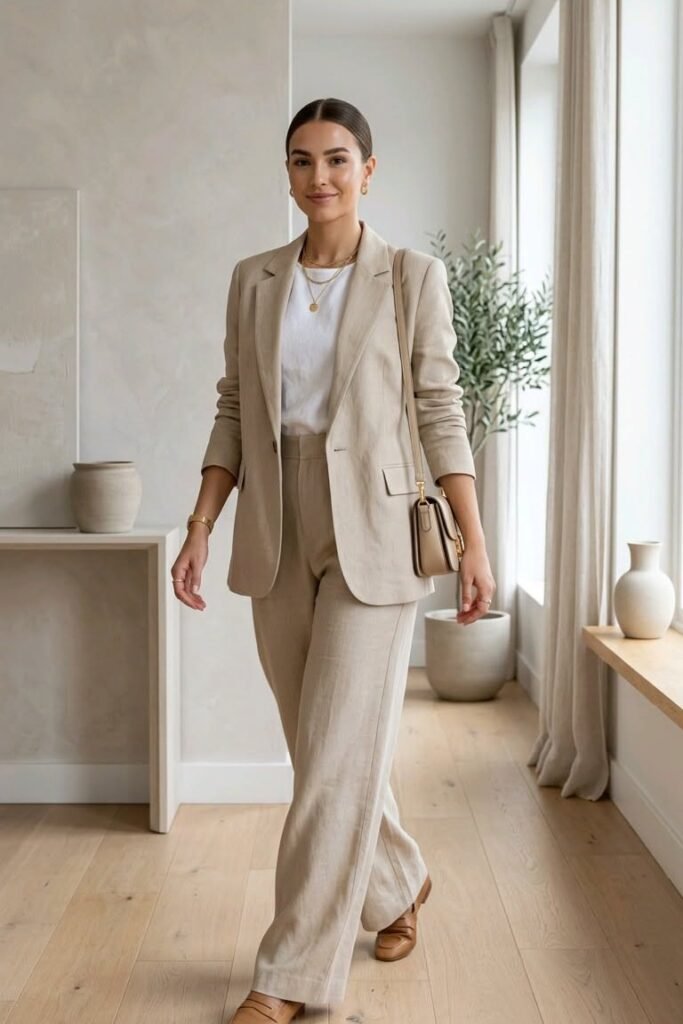 Beige Linen Blazer + Matching Linen Trousers + Brown Loafers