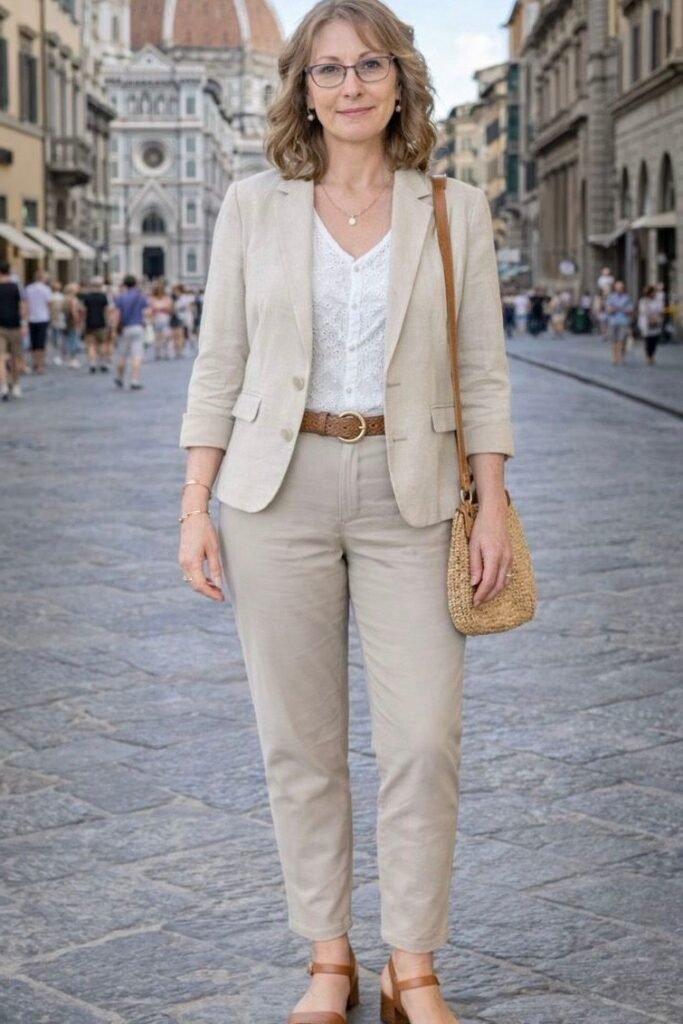 Beige Linen Blazer + White Lace Trim Blouse + Khaki Cropped Pants