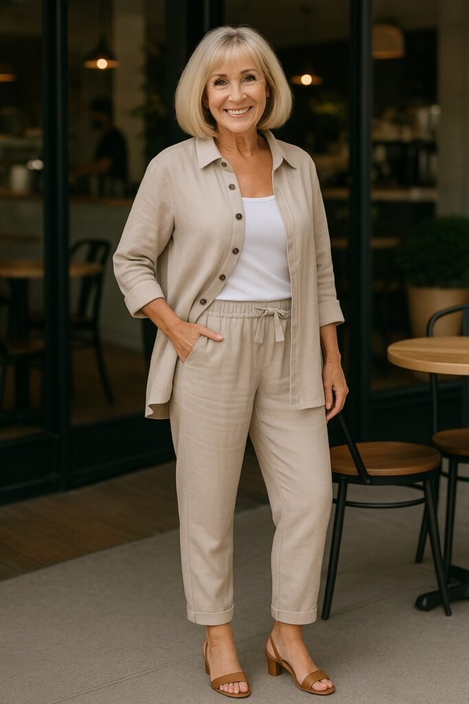 Beige Linen Button Up Shirt + Matching Drawstring Linen Trousers + Tan Strappy Sandals