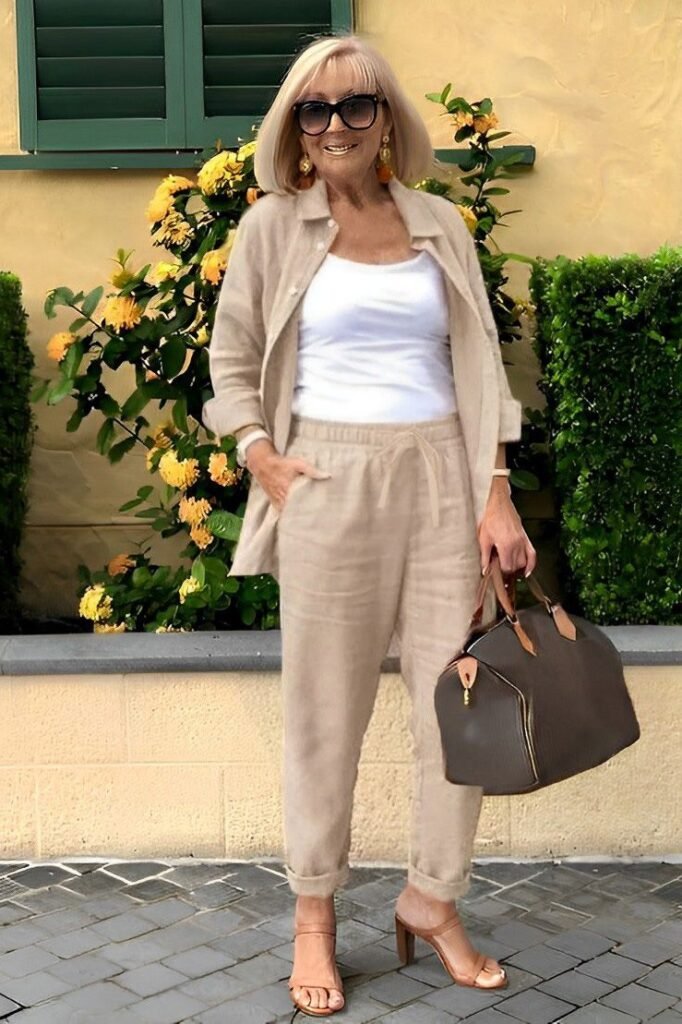 Beige Linen Oversized Shirt + White Tank Top + Matching Beige Linen Joggers