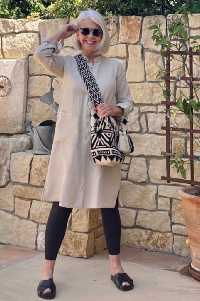 Beige Linen Tunic Dress + Black Cropped Leggings + Black Criss Cross Slides