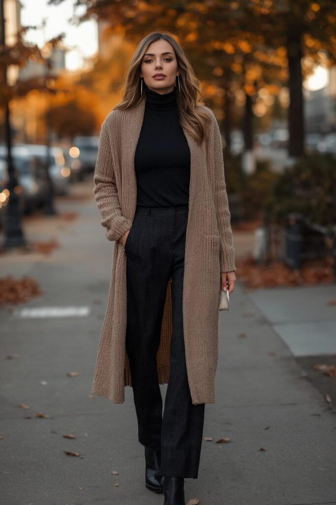 Beige Long Knit Cardigan + Black Turtleneck + Black Plaid Trousers