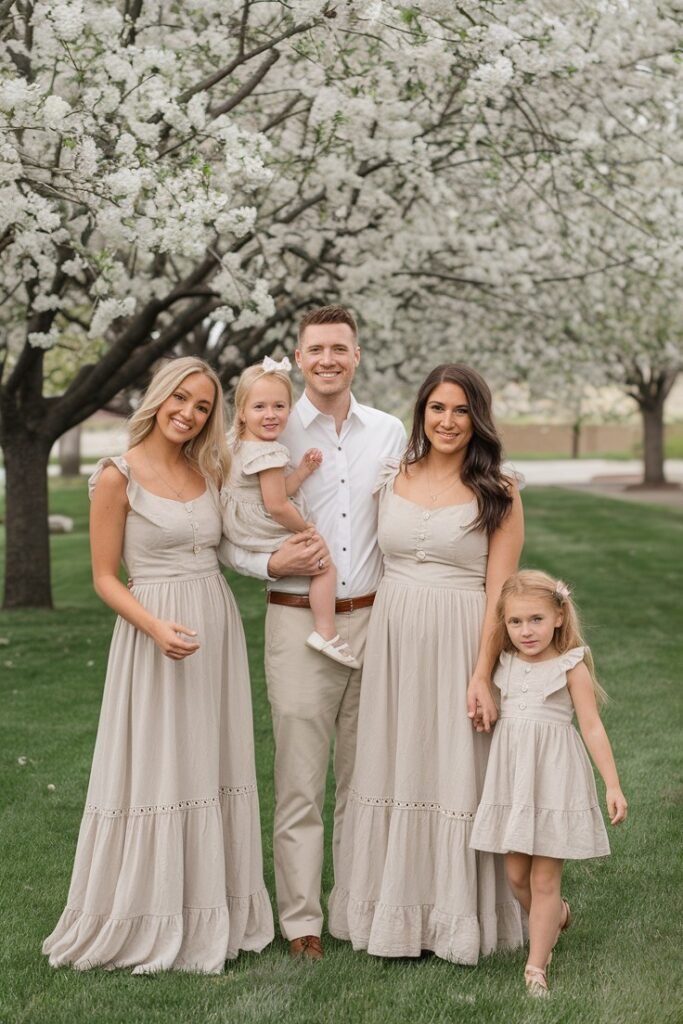 Beige Maxi Dress + White Button Down Shirt and Beige Trousers + Beige Maxi Dress + Beige Sundress