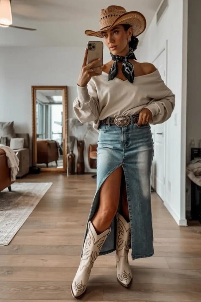 Beige Off Shoulder Sweater + Black Bandana + Denim Midi Skirt + Cowboy Hat + White Cowboy Boots
