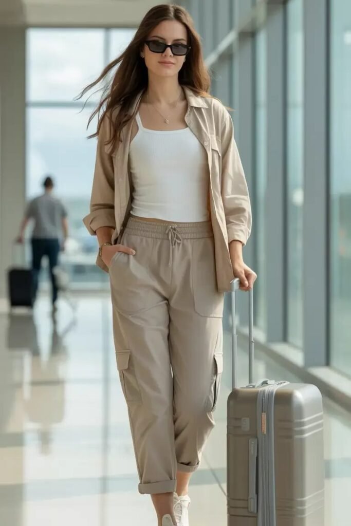 Beige Oversized Button Down Shirt + White Tank Top + Beige Drawstring Cargo Pants + White Sneakers