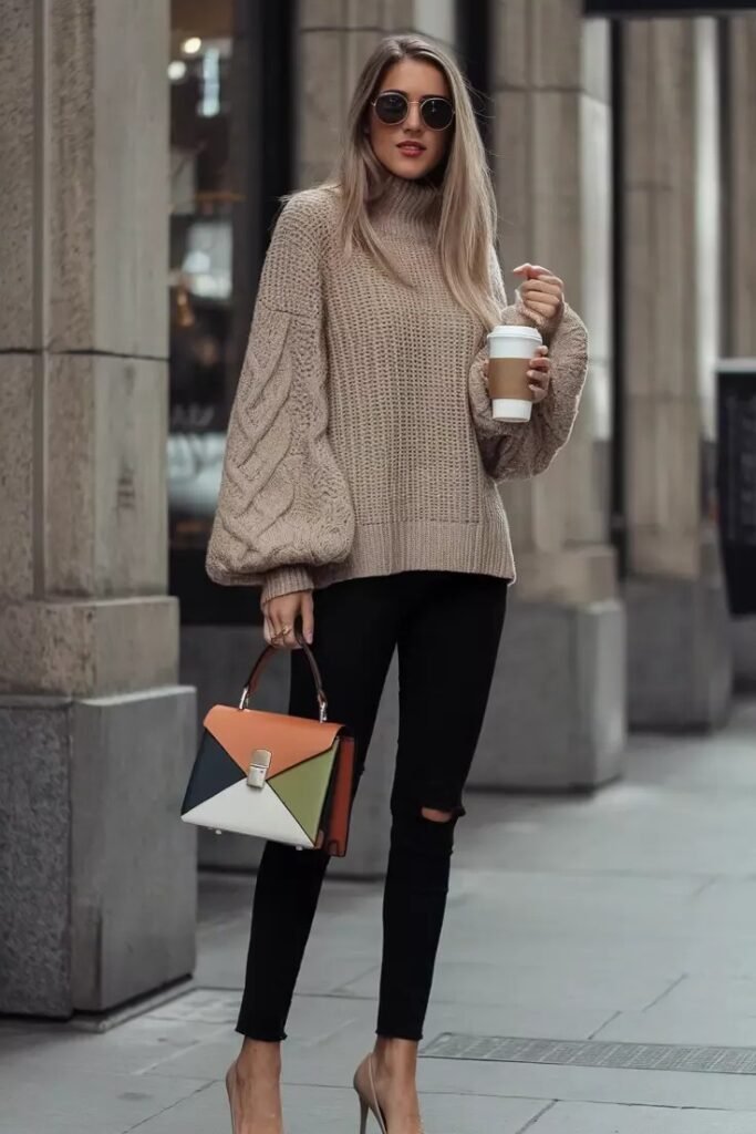 Beige Oversized Cable Knit Sweater + Black Ripped Skinny Jeans + Nude Pumps