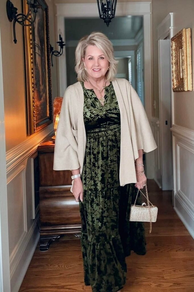 Beige Oversized Cardigan + Olive Green Velvet Tiered Dress + Gold Evening Bag