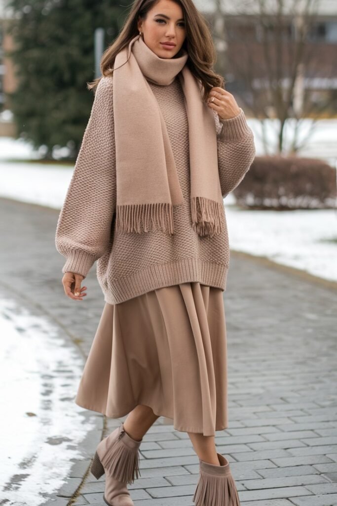 Brown Oversized Cardigan + Black Long Sleeve Top + Black Leggings + Black Knee High Boots