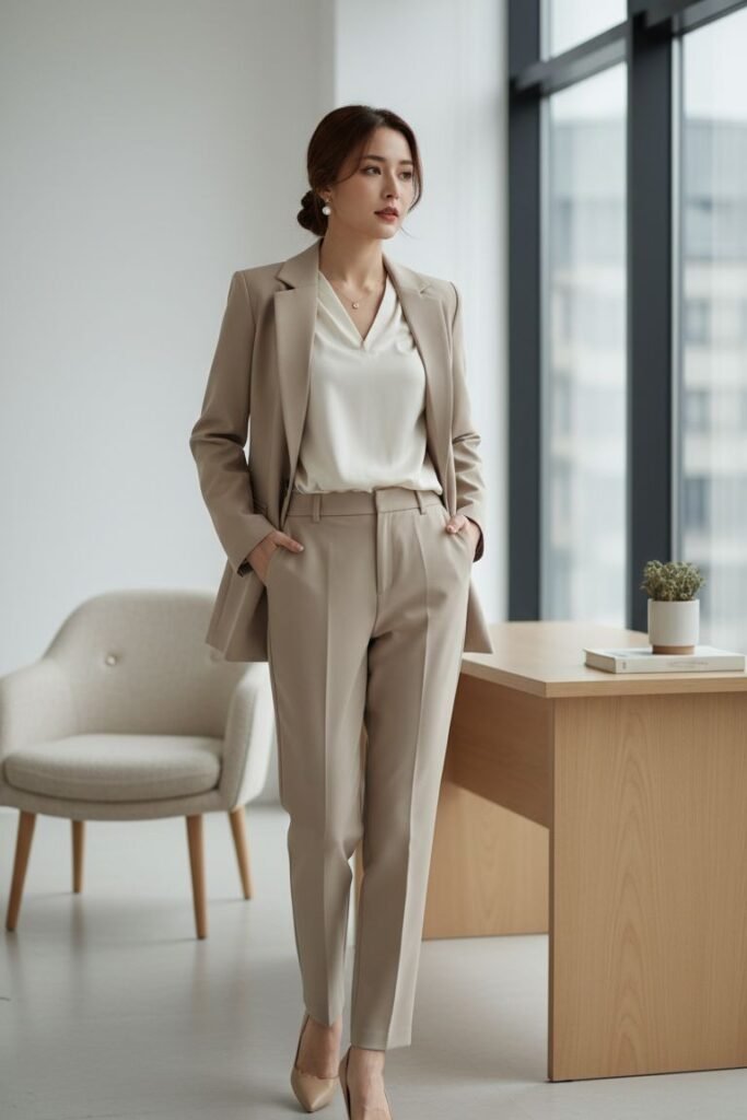 Beige Pantsuit + Cream V Neck Blouse + Beige Pumps