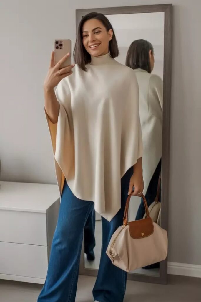 Beige Poncho Sweater + Blue Wide Leg Jeans + Beige Handbag