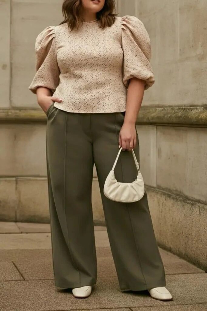 Beige Puff Sleeve Top + Olive Green Wide Leg Trousers + White Square Toe Flats