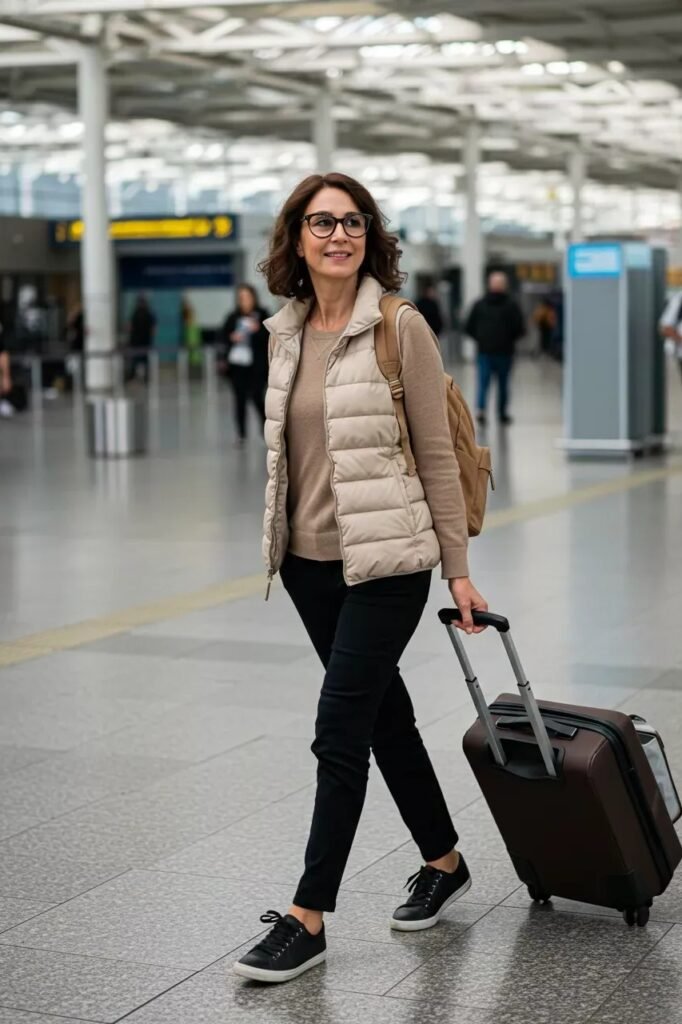 Beige Puffer Vest + Taupe Crewneck Sweater + Black Slim Fit Trousers + Black Sneakers